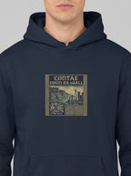 Navy blue hoodie with a graphic design on the chest against a gray background