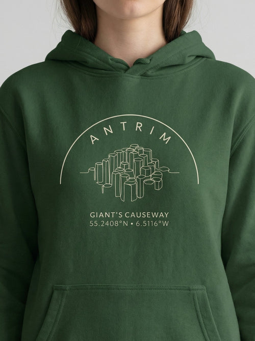 Green hoodie with 'Antrim Giants Causeway' design on a plain background