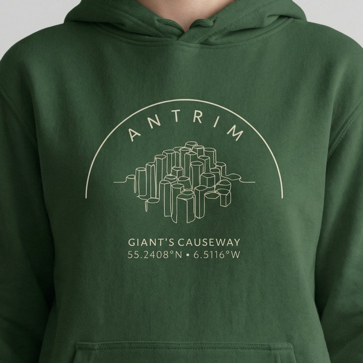 Close-up of the Antrim Giant’s Causeway hoodie chest design
