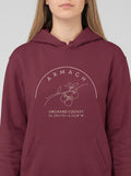 Maroon hoodie with 'Armagh Orchard County' design on a white background