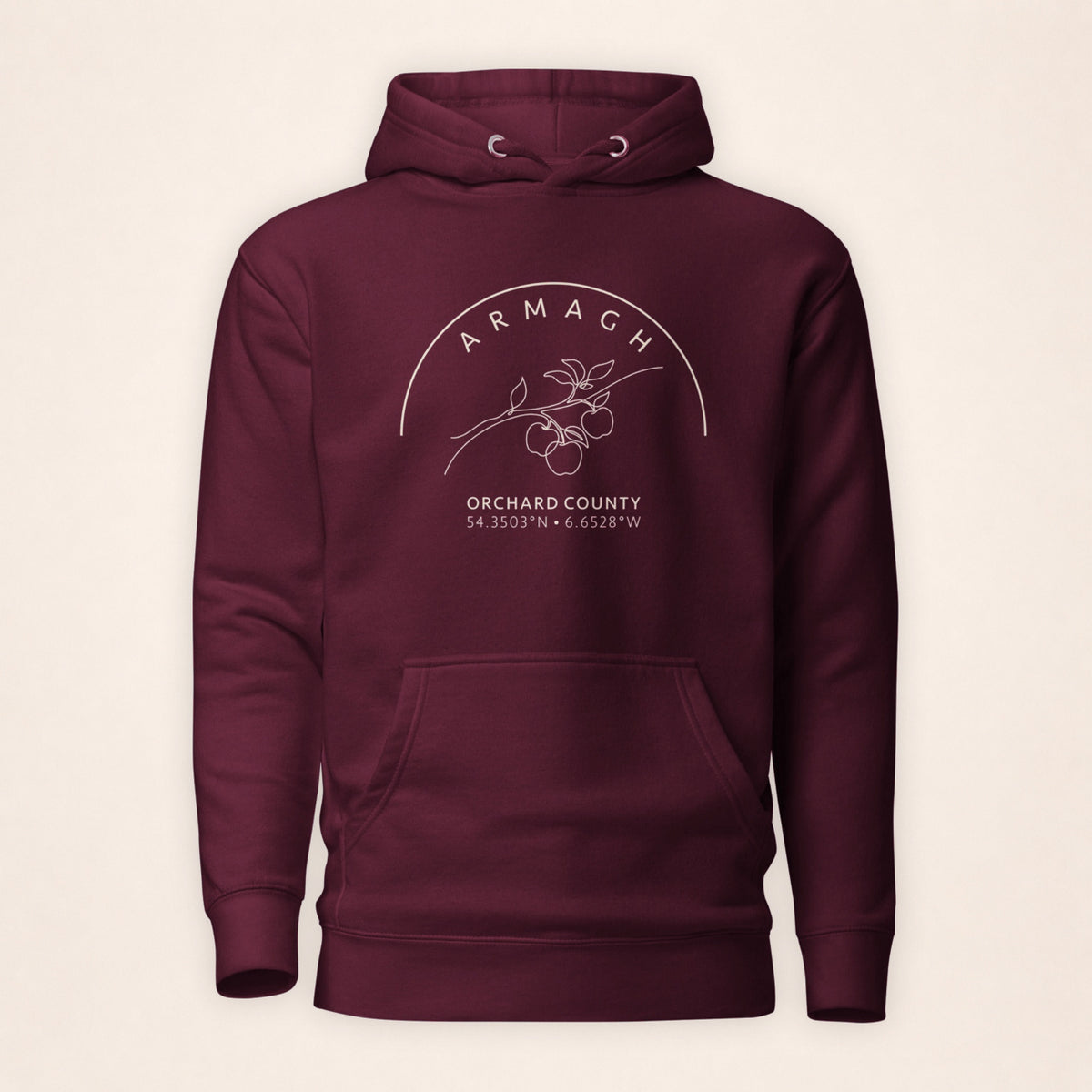 Armagh Blossom maroon hoodie on a warm ivory background