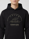 Black hoodie with 'Cavan Burren Park' design on a white background