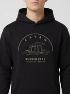 Black hoodie with 'Cavan Burren Park' design on a white background