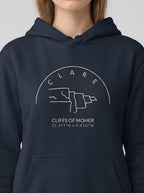 Navy blue hoodie with 'Clare Cliffs of Moher' design on a plain background