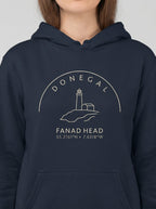 Navy blue hoodie with Donegal Fanad Head design on a gray background