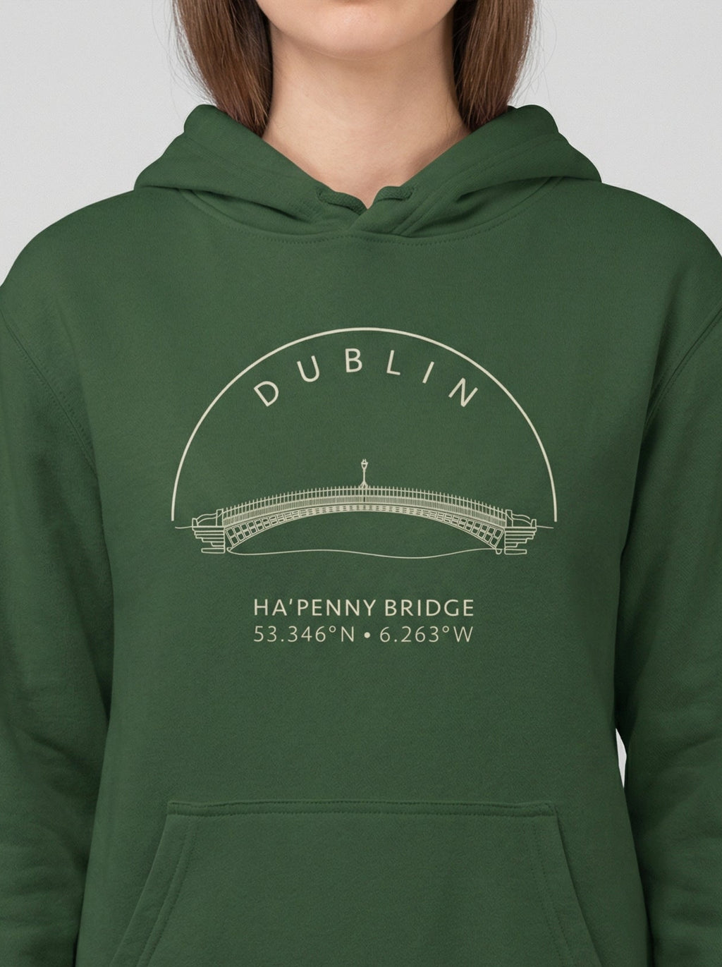 Green hoodie with 'Dublin Ha'Penny Bridge' design on a white background