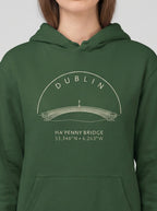 Green hoodie with 'Dublin Ha'Penny Bridge' design on a white background