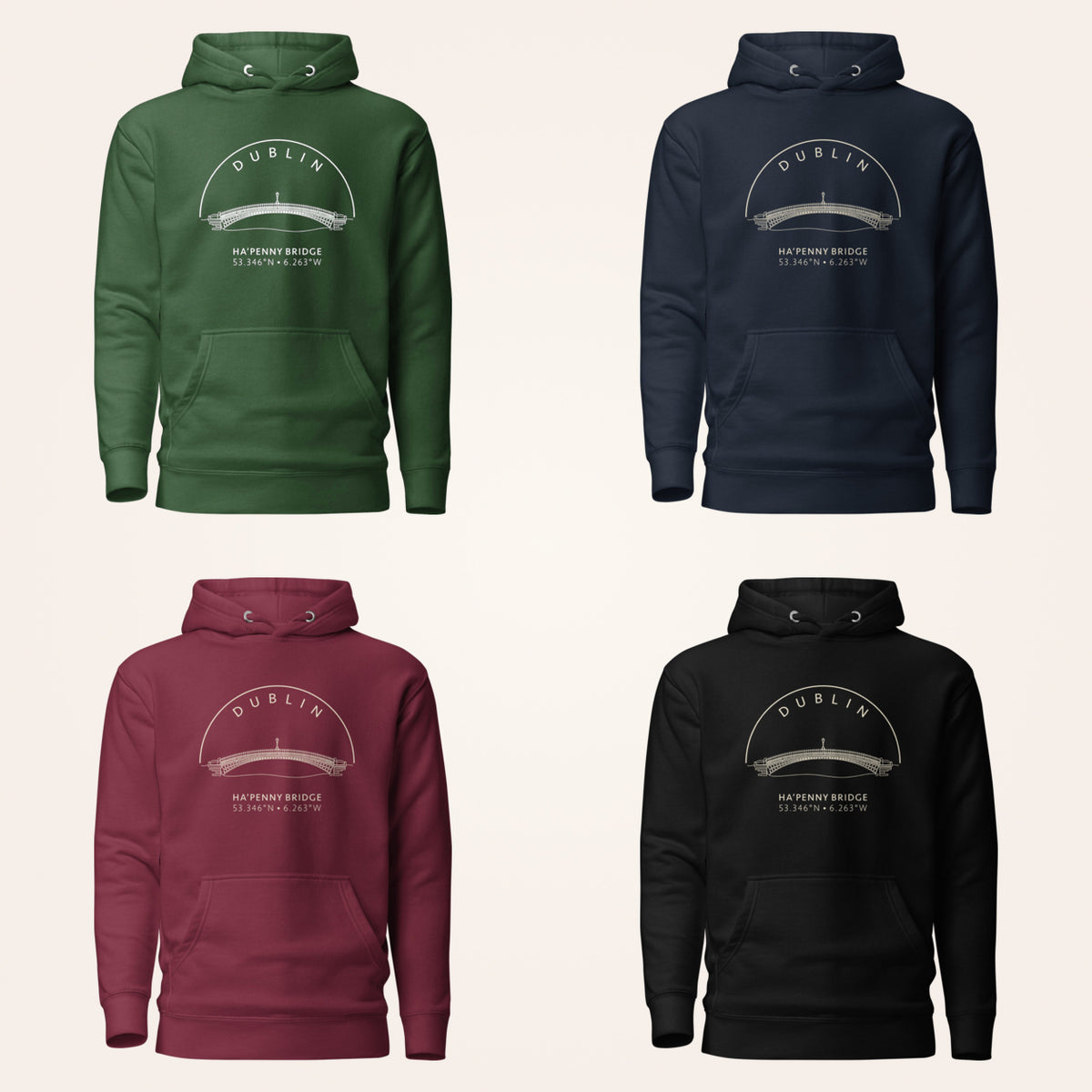 Dublin Ha’penny Bridge hoodie in forest green navy maroon and black