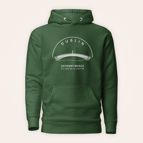 Dublin Ha’penny Bridge hoodie front view on warm ivory background