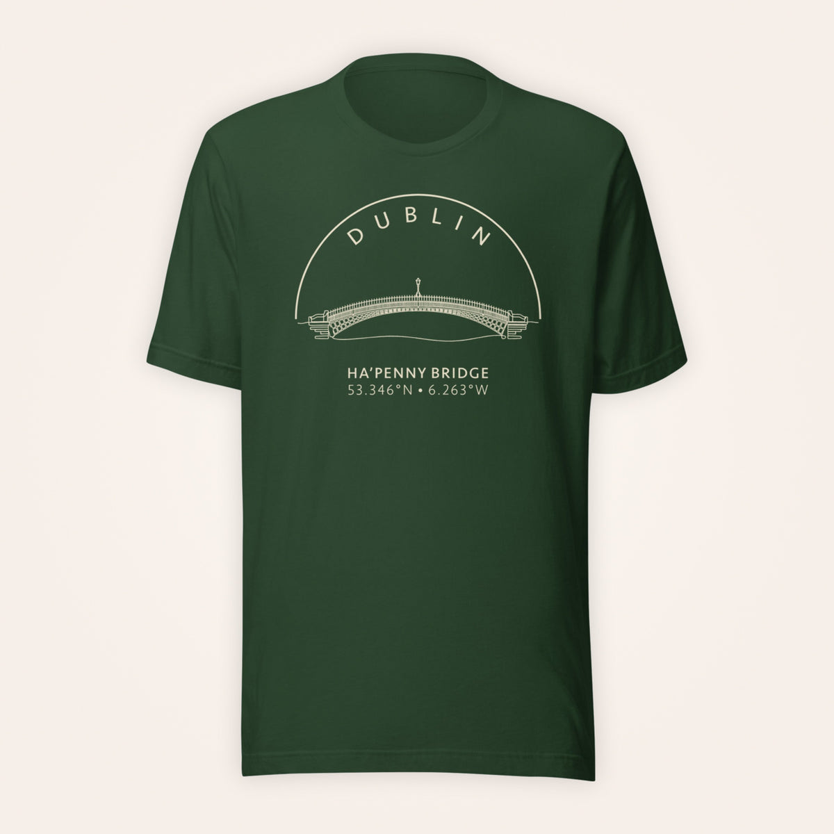 Dublin Ha’penny Bridge forest green T-shirt on warm ivory background