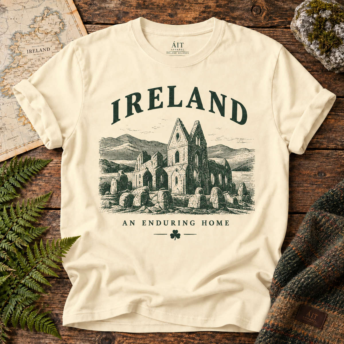 Enduring Home Ireland T-Shirt — Ivory — Áit Standard Catalog Mockup v1