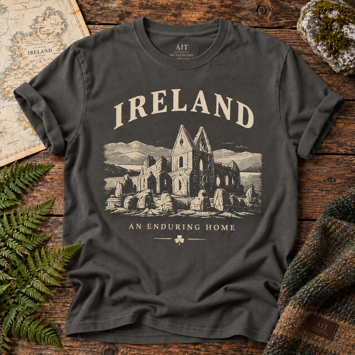 Enduring Home Ireland T-Shirt — Pepper — Áit Standard Catalog Mockup v1