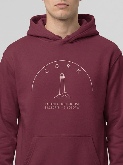 Maroon hoodie with a lighthouse design on a white background