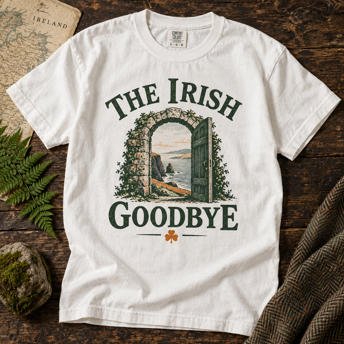 The Irish Goodbye T-Shirt — White — Áit Standard Catalog Mockup v1