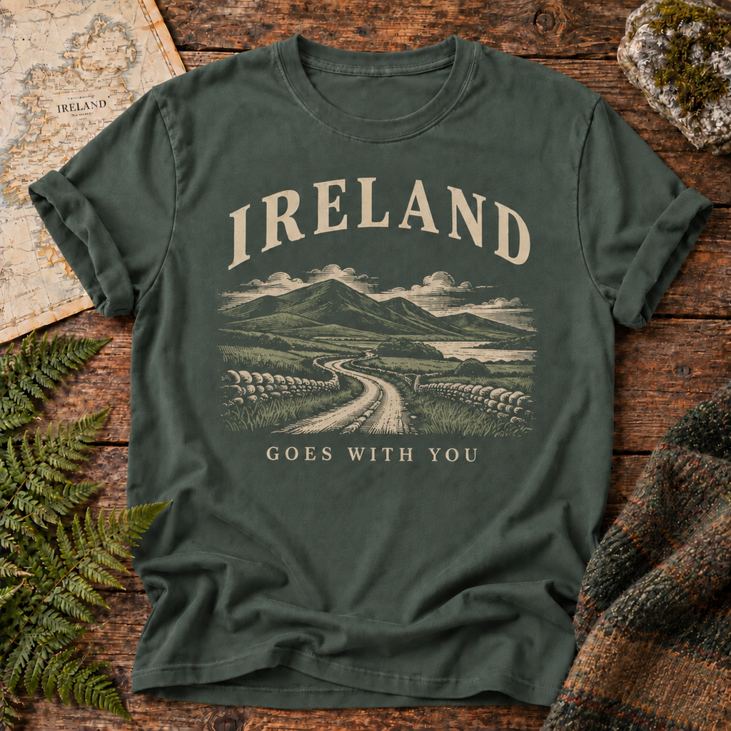 Ireland Goes With You T-Shirt — Blue Spruce — Áit Standard Catalog Mockup v1 realistic