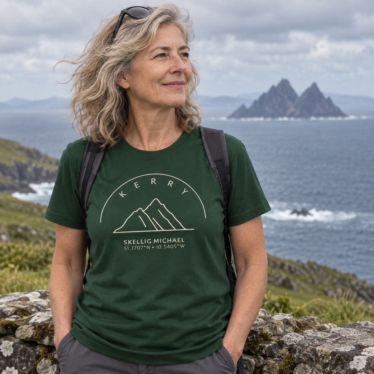 Woman wearing Kerry Skellig Michael forest green T-shirt