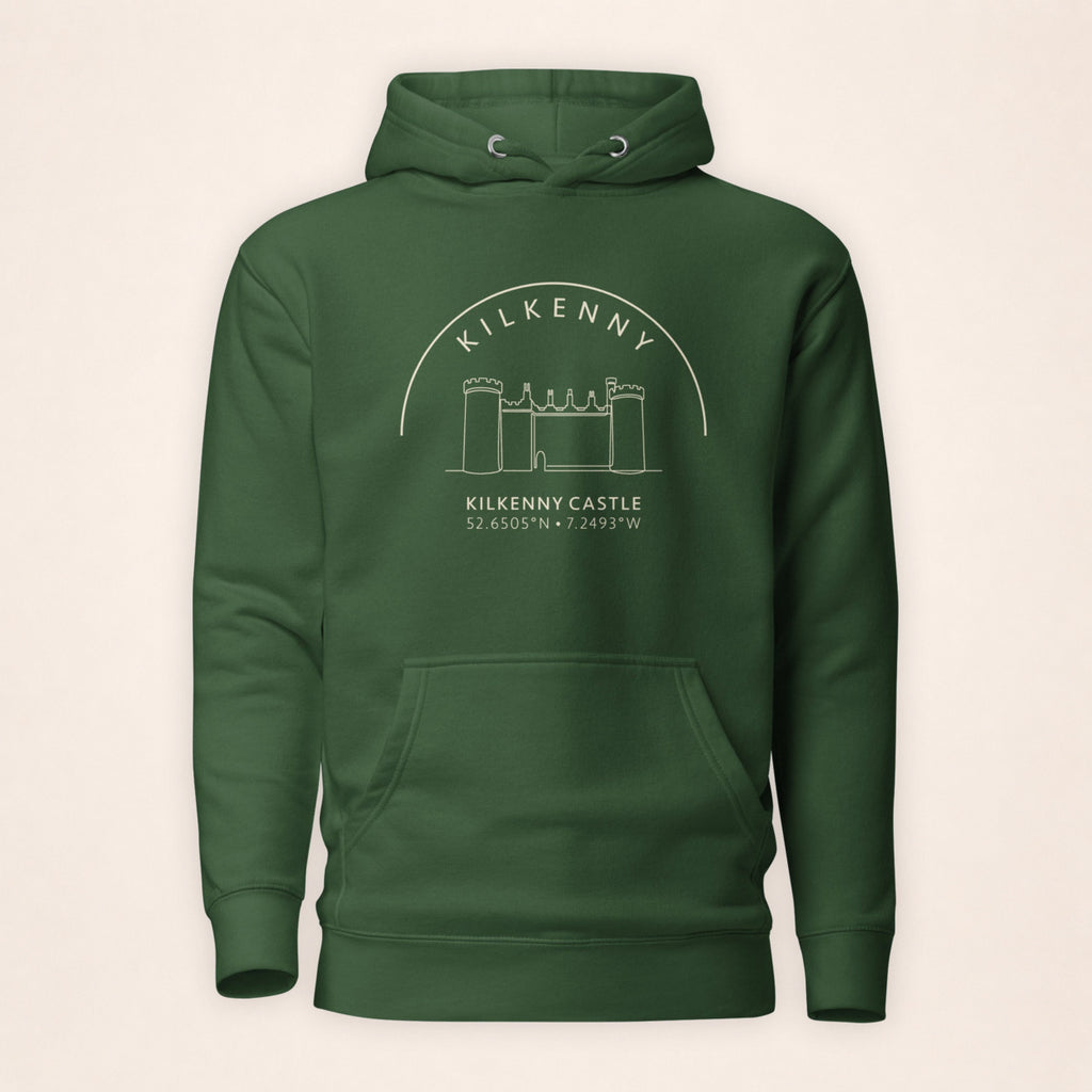 Kilkenny Castle forest green hoodie on a warm ivory background