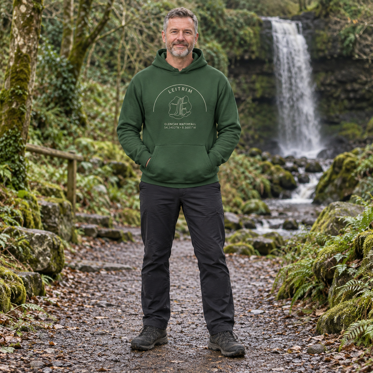 Man wearing the Leitrim Glencar Waterfall Hoodie in Irish Forest Green