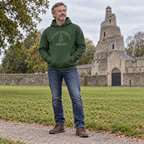Man wearing the Leixlip Wonderful Barn forest green hoodie at the Wonderful Barn