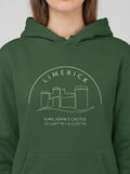 Green hoodie with 'Limerick King John's Castle' design on a plain background