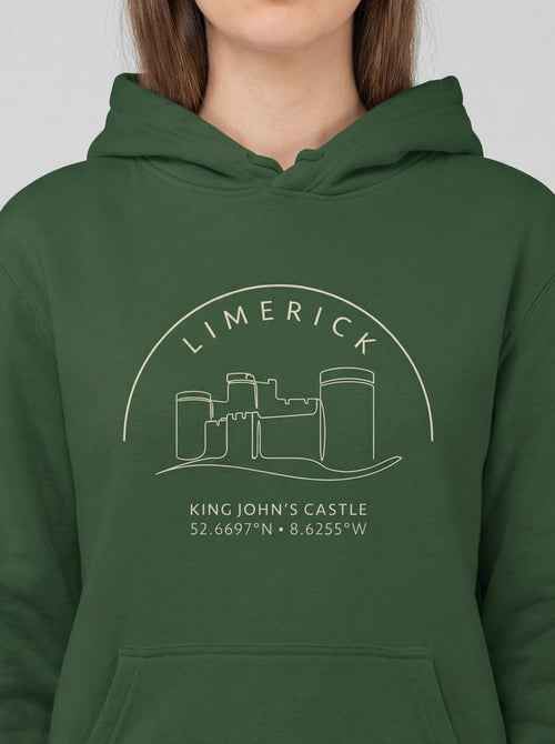 Green hoodie with 'Limerick King John's Castle' design on a plain background