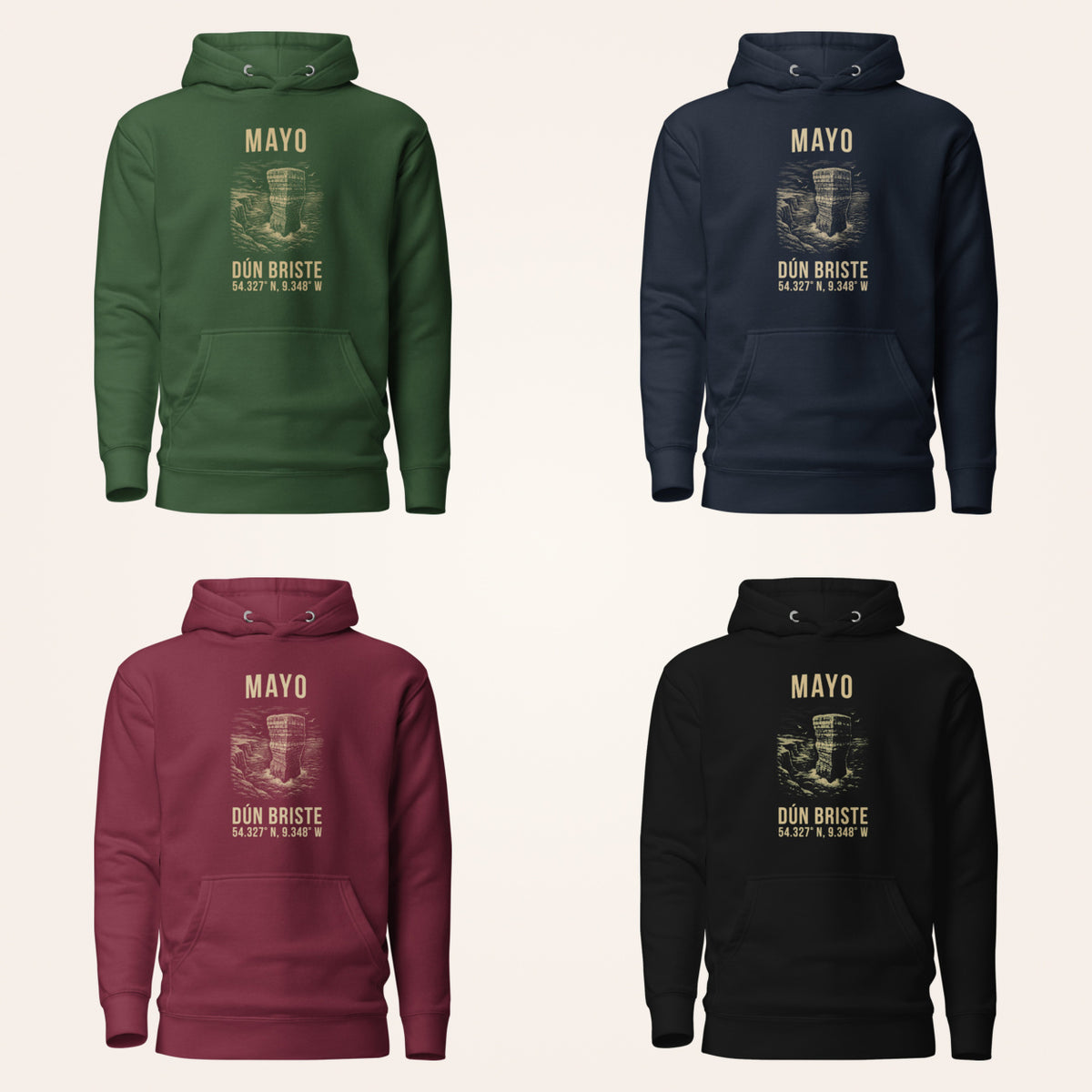 Mayo Dún Briste hoodie in forest green navy maroon and black