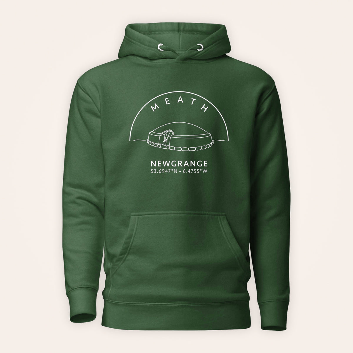 Meath Newgrange hoodie front view on warm ivory background