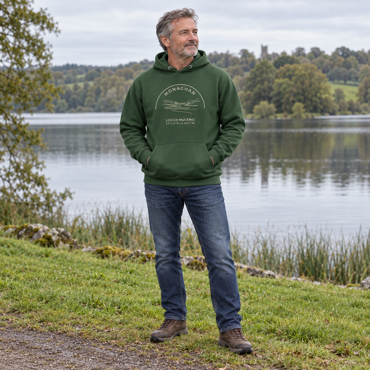 Man wearing the Monaghan Lough Muckno forest green hoodie at Lough Muckno