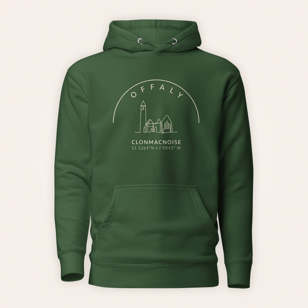 Offaly Clonmacnoise hoodie front view on warm ivory background