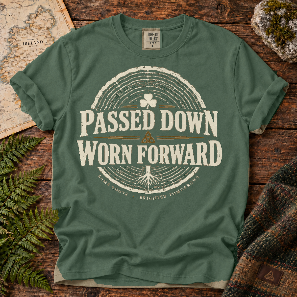 Passed Down Worn Forward T-Shirt — Blue Spruce — Áit Standard Catalog Mockup v1
