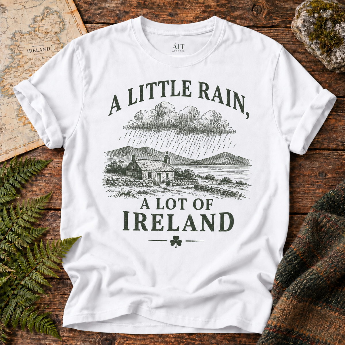 A Little Rain, A Lot of Ireland T-Shirt — White — Áit Standard Catalog Mockup v1
