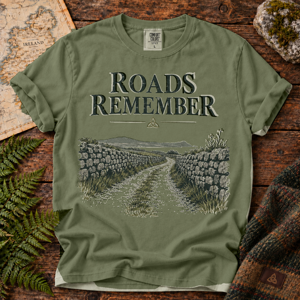 Roads Remember T-Shirt — Moss — Áit Standard Catalog Mockup v1