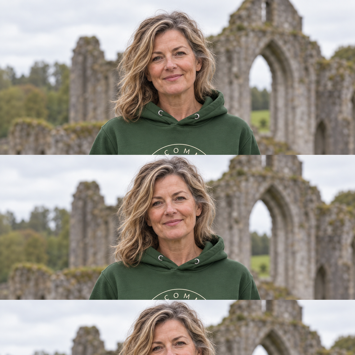 Woman wearing the Roscommon Boyle Abbey forest green hoodie at Boyle Abbey