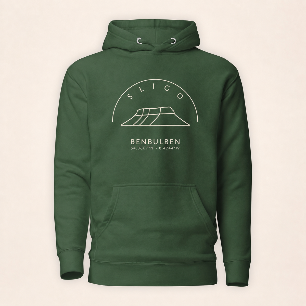 Sligo Benbulben hoodie cover, forest green on warm ivory
