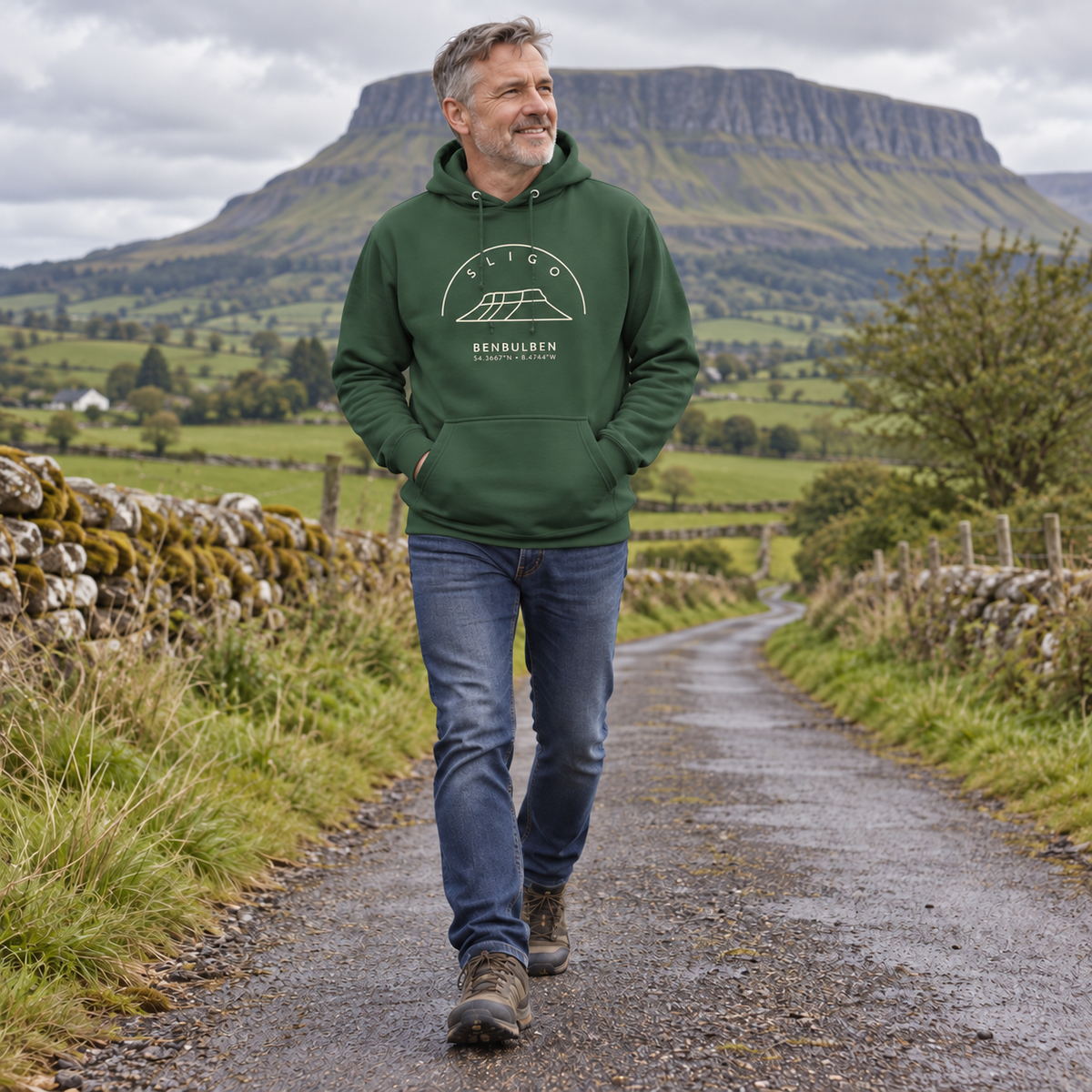 Man wearing Sligo Benbulben forest green hoodie