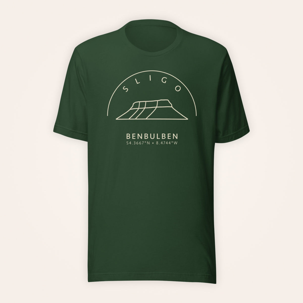 Sligo Benbulben forest green T-shirt on warm ivory background