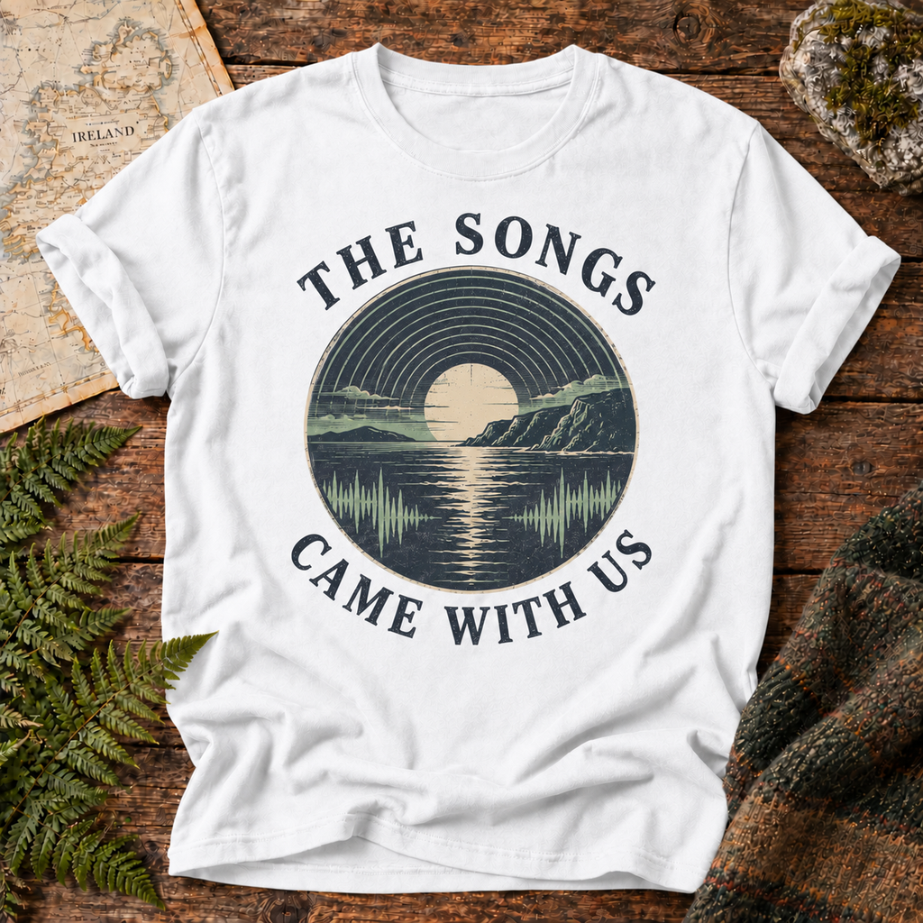 The Songs Came With Us T-Shirt — White — Áit Standard Catalog Mockup v1 realistic