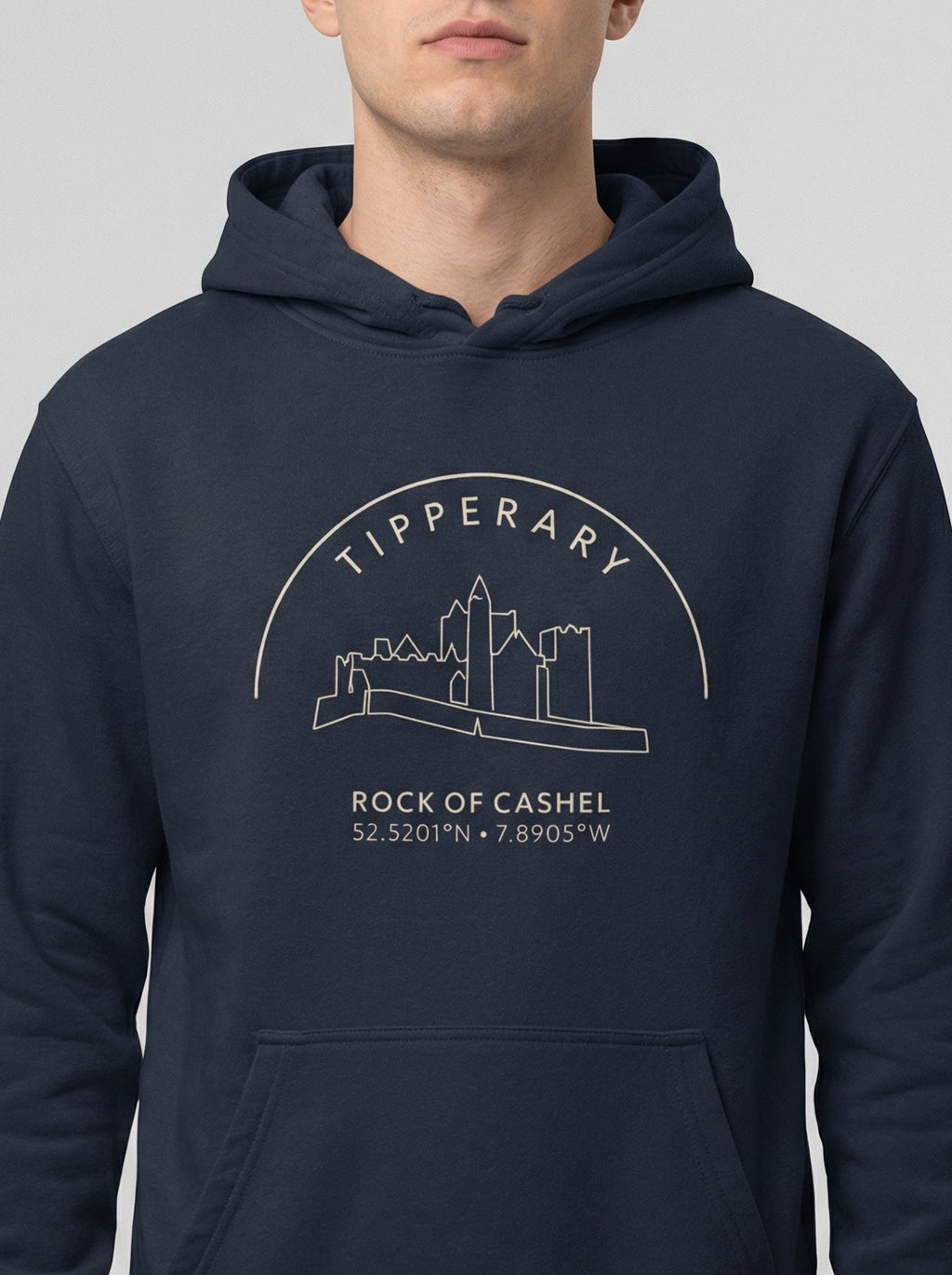Navy blue hoodie with 'Tipperary Rock of Cashel' design on a white background