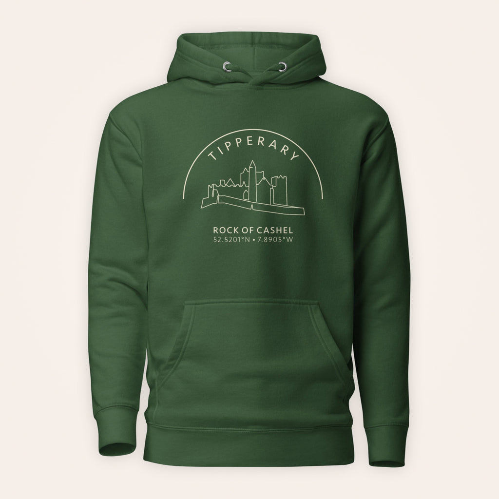 Tipperary Rock of Cashel hoodie front view on warm ivory background