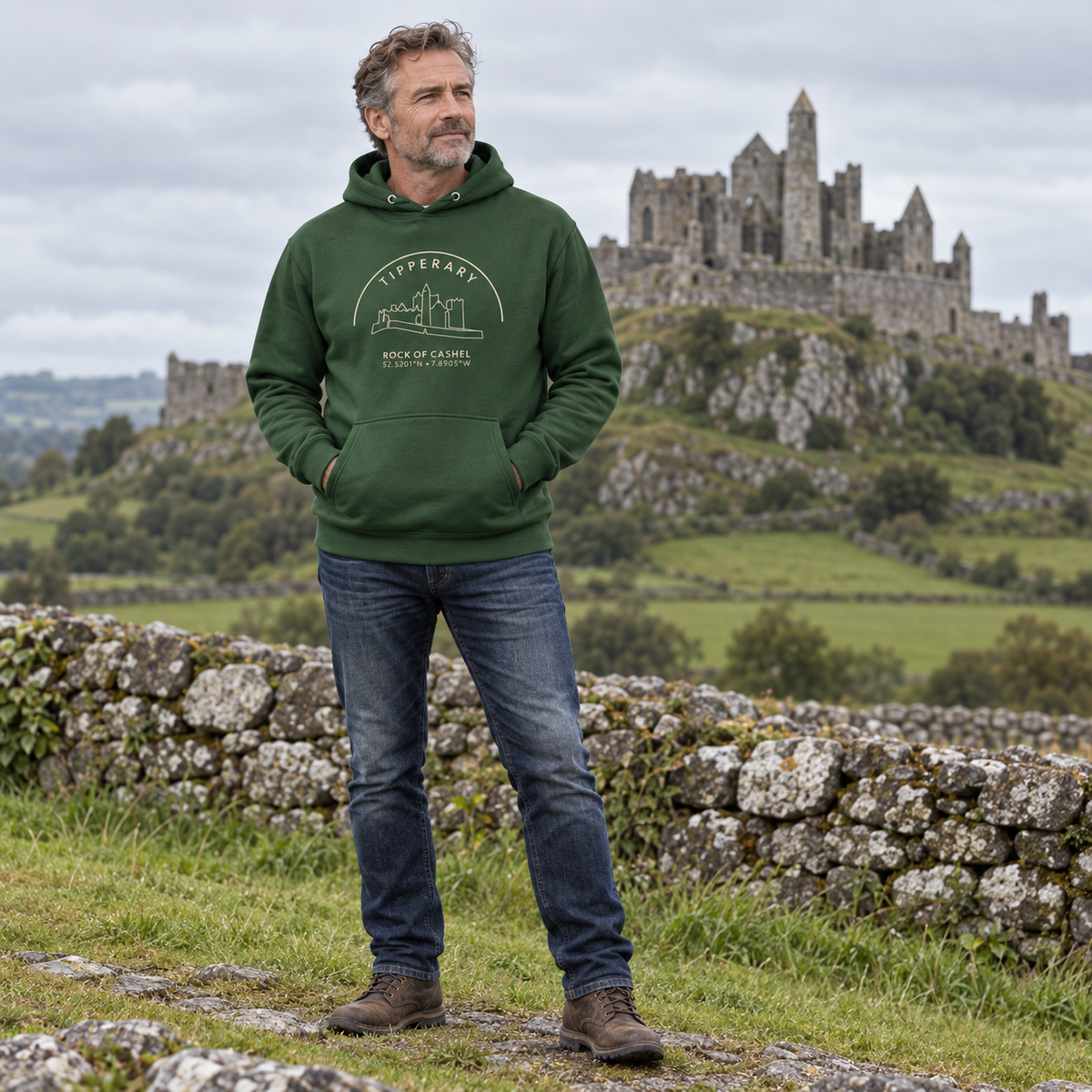 Man wearing the Tipperary Rock of Cashel forest green hoodie at the Rock of Cashel