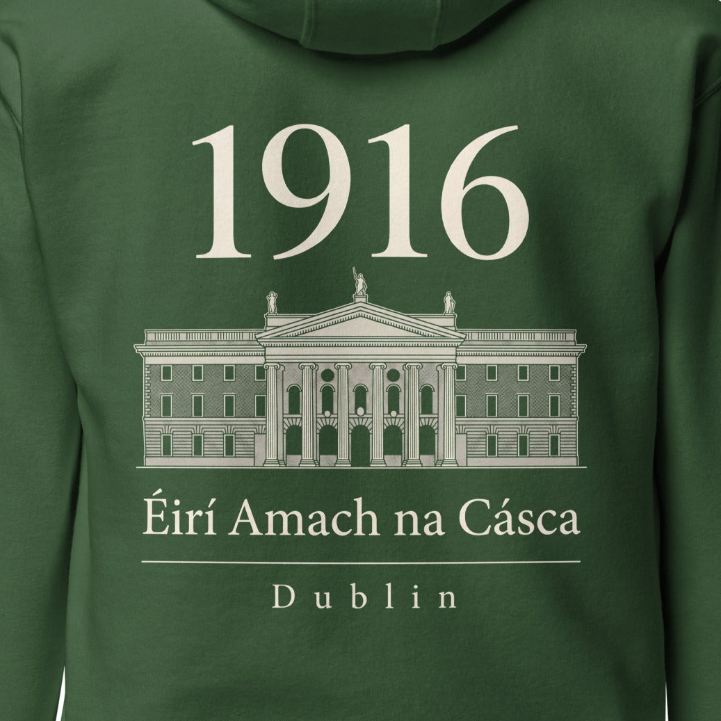 Green hoodie with architectural design and text on the back