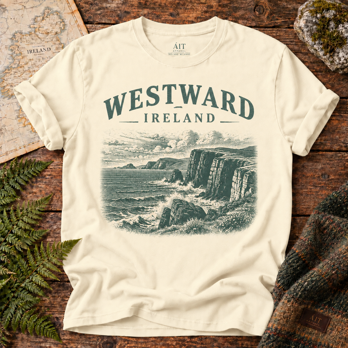 Westward Ireland T-Shirt — Ivory — Áit Standard Catalog Mockup v1