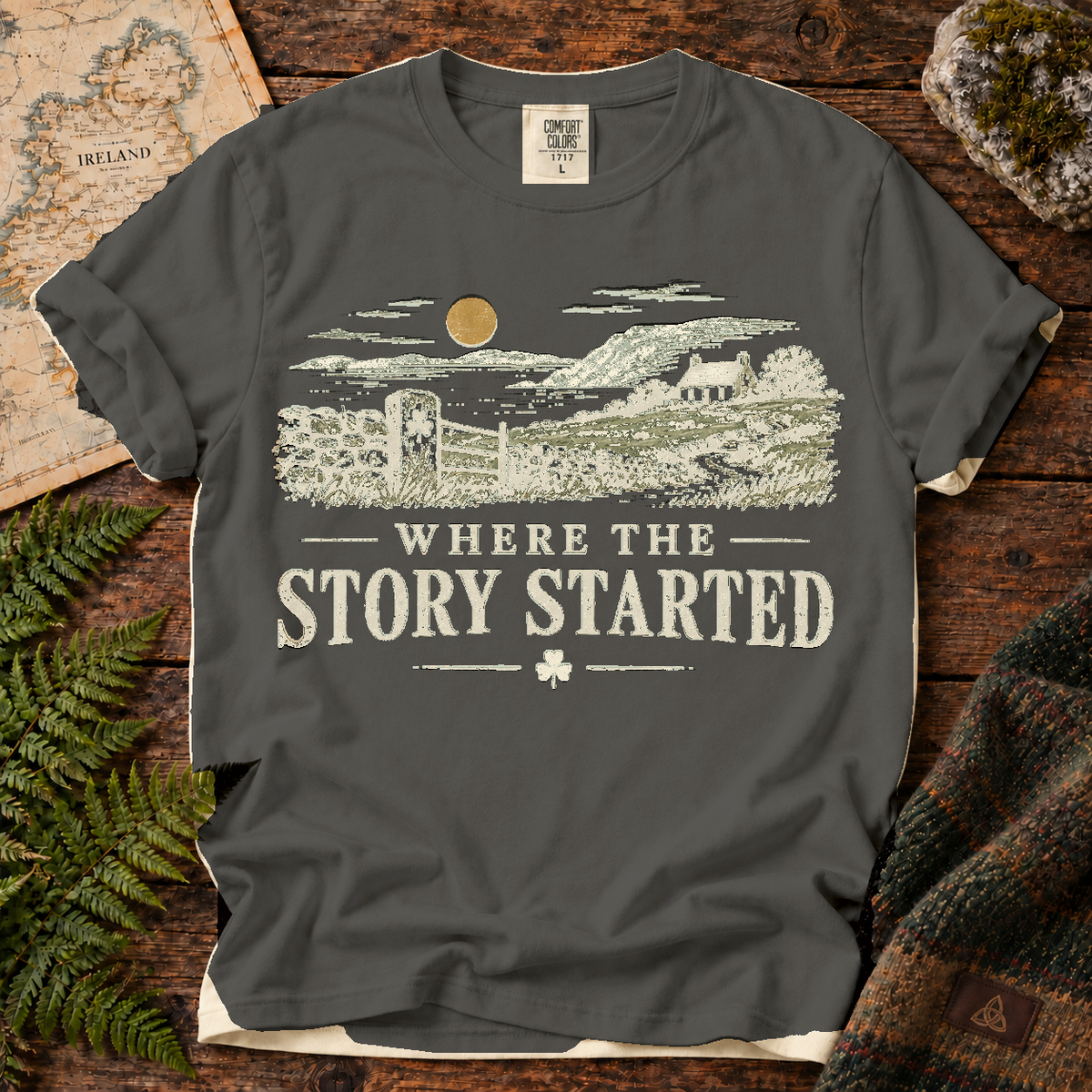 Where the Story Started T-Shirt — Pepper — Áit Standard Catalog Mockup v1