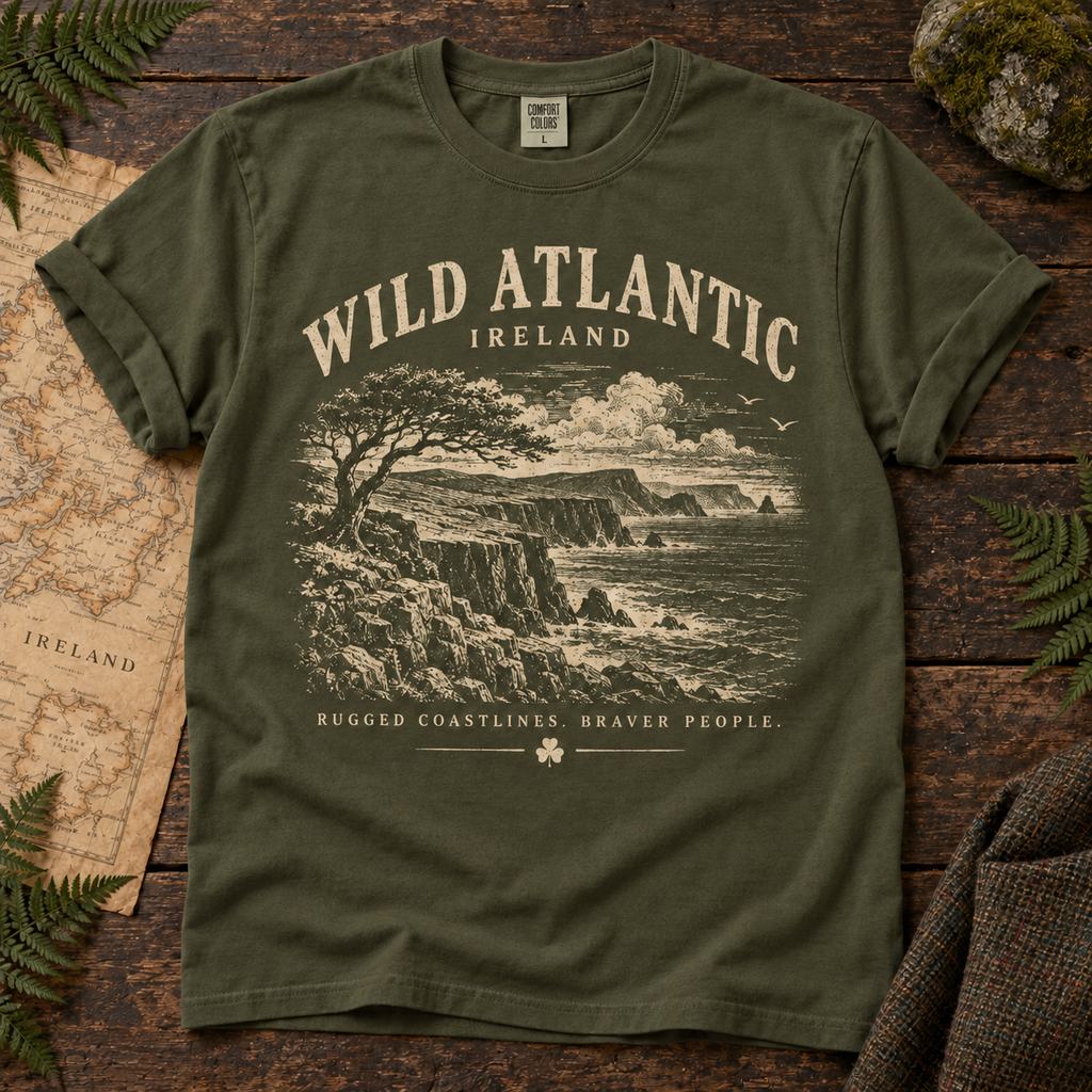 Wild Atlantic Ireland T-Shirt — Sage — Áit Standard Catalog Mockup v1