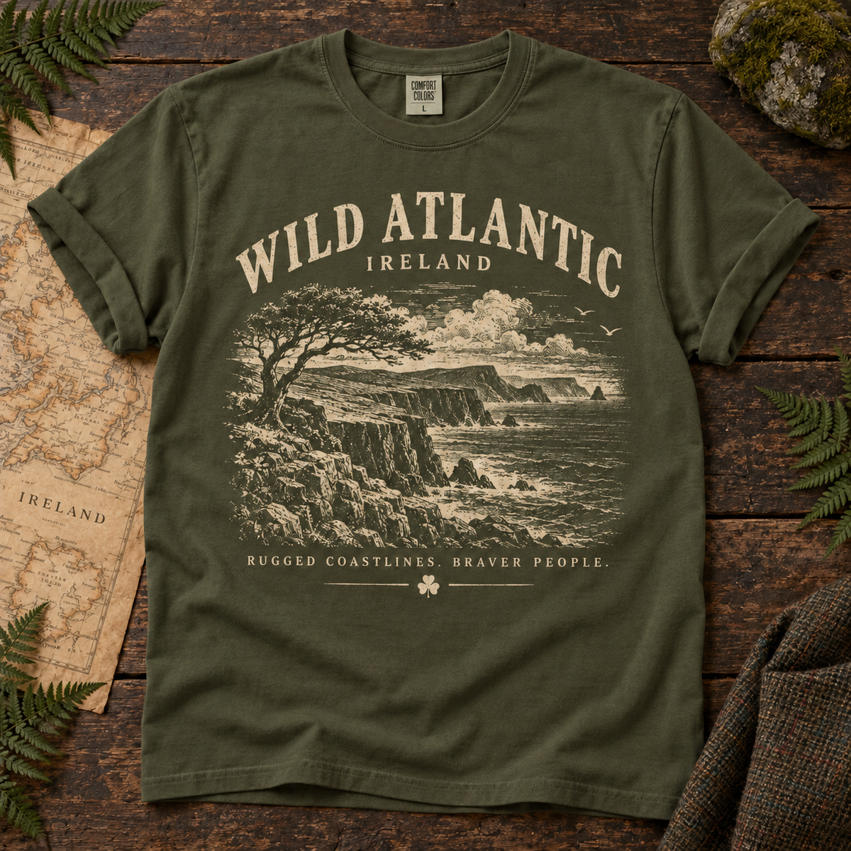 Wild Atlantic Ireland T-Shirt — Sage — Áit Standard Catalog Mockup v1